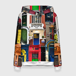 Толстовка-худи женская London doors цифровой коллаж, цвет: 3D-белый
