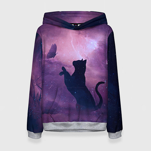 Женская толстовка Кошка играет с бабочкой / 3D-Меланж – фото 1