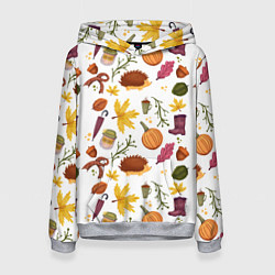 Толстовка-худи женская Уют, ежи, листья и банка варенья, цвет: 3D-меланж