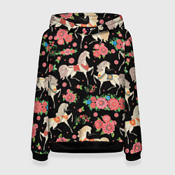 Толстовка-худи женская Лошади и цветы, цвет: 3D-черный