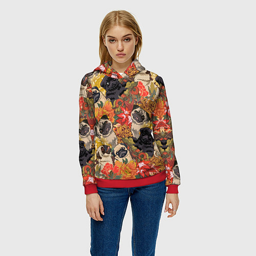 Женская толстовка Мопсики Цветочки / 3D-Красный – фото 3