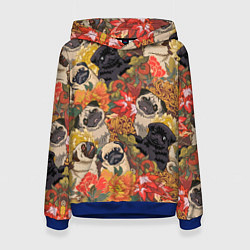 Толстовка-худи женская Мопсики Цветочки, цвет: 3D-синий