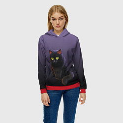 Толстовка-худи женская Черный кот на фиолетовом, цвет: 3D-красный — фото 2