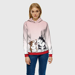 Толстовка-худи женская Хаски играют, цвет: 3D-красный — фото 2