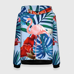 Толстовка-худи женская Фламинго в папоротнике, цвет: 3D-черный