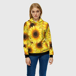 Толстовка-худи женская Подсолнухи в поле, цвет: 3D-черный — фото 2