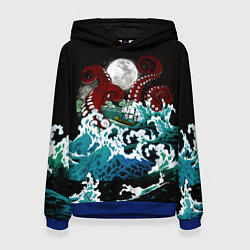 Толстовка-худи женская Корабль на Волнах Кракен, цвет: 3D-синий