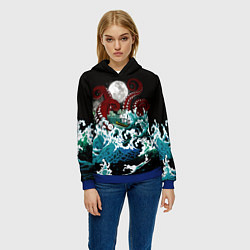 Толстовка-худи женская Корабль на Волнах Кракен, цвет: 3D-синий — фото 2