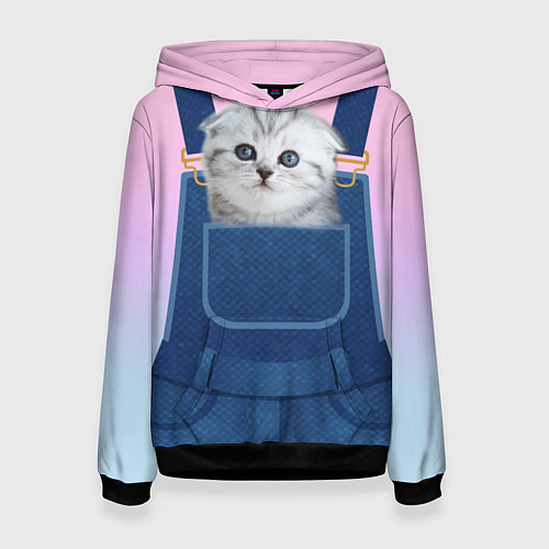 Женская толстовка ВИСЛОУХИЙ КОТЕНОК В КАРМАШКЕ / 3D-Черный – фото 1