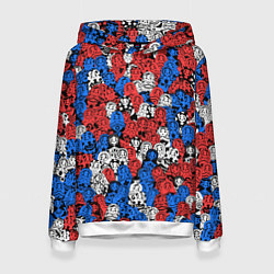 Толстовка-худи женская Бело-сине-красные матрёшки, цвет: 3D-белый