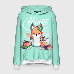 Толстовка-худи женская Зима Новогодний лисенок, цвет: 3D-белый