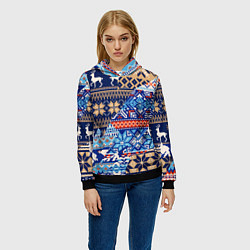 Толстовка-худи женская НОВОГОДНИЙ УЗОР ОЛЕНИ И МЕДВЕДИ НОВЫЙ ГОД 2022, цвет: 3D-черный — фото 2