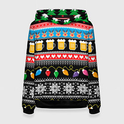 Толстовка-худи женская Новогодний пивной узор, цвет: 3D-черный