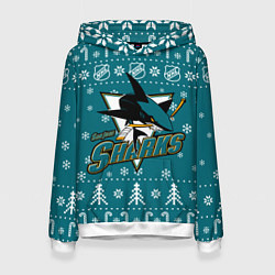 Толстовка-худи женская Сан Хосе Шаркс Новогодний, цвет: 3D-белый