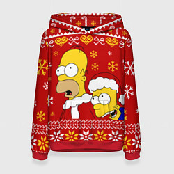 Толстовка-худи женская Новогодний Гомер и Барт Симпсоны, цвет: 3D-красный