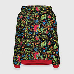 Толстовка-худи женская Цветочный Узор хохлома, цвет: 3D-красный