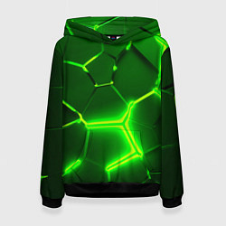 Толстовка-худи женская 3D ПЛИТЫ НЕОН NEON GREEN HEXAGON РАЗЛОМ, цвет: 3D-черный