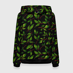 Толстовка-худи женская Яркие зеленые листья на черном фоне, цвет: 3D-черный