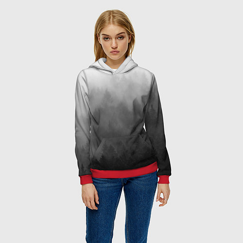 Женская толстовка Темный лес - туман / 3D-Красный – фото 3