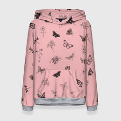 Толстовка-худи женская Цветочки и бабочки на розовом фоне, цвет: 3D-меланж