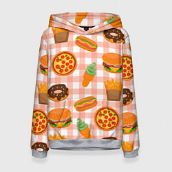 Толстовка-худи женская PIZZA DONUT BURGER FRIES ICE CREAM pattern, цвет: 3D-меланж