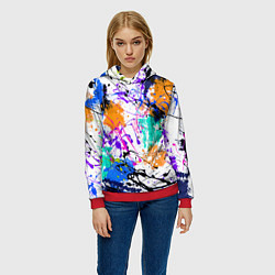 Толстовка-худи женская Брызги и мазки разноцветных красок на белом фоне, цвет: 3D-красный — фото 2
