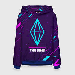 Толстовка-худи женская Символ The Sims в неоновых цветах на темном фоне, цвет: 3D-синий