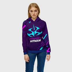Толстовка-худи женская Символ Hitman в неоновых цветах на темном фоне, цвет: 3D-синий — фото 2
