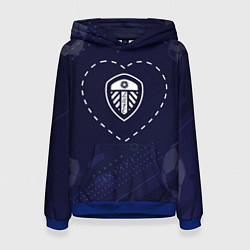 Толстовка-худи женская Лого Leeds United в сердечке на фоне мячей, цвет: 3D-синий