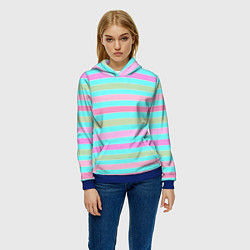 Толстовка-худи женская Pink turquoise stripes horizontal Полосатый узор, цвет: 3D-синий — фото 2