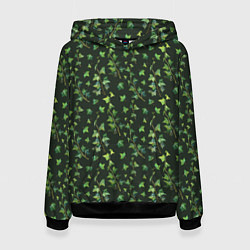 Толстовка-худи женская Листья зеленый плюща - паттерн, цвет: 3D-черный