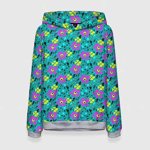 Женская толстовка Яркий цветочный узор на бирюзовом фоне / 3D-Меланж – фото 1