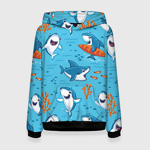 Женская толстовка Прикольные акулята - паттерн / 3D-Черный – фото 1