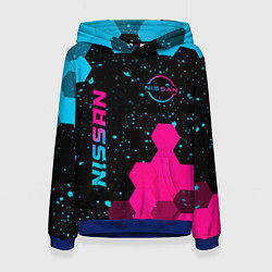 Толстовка-худи женская Nissan - neon gradient: символ и надпись вертикаль, цвет: 3D-синий