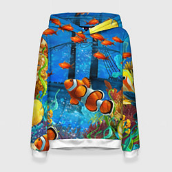 Толстовка-худи женская Затонувший корабль в окружении обитателей океана, цвет: 3D-белый