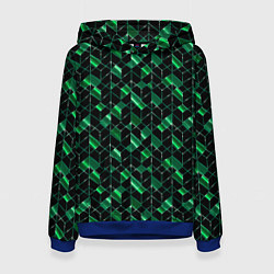 Толстовка-худи женская Геометрический узор, зеленые фигуры на черном, цвет: 3D-синий