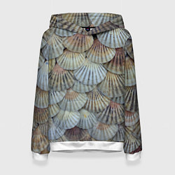 Толстовка-худи женская Морские ракушки - паттерн, цвет: 3D-белый