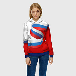 Толстовка-худи женская Лента триколор на красно-белом фоне, цвет: 3D-синий — фото 2