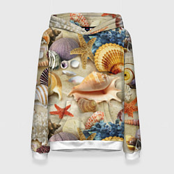 Толстовка-худи женская Морские раковины, кораллы, морские звёзды на песке, цвет: 3D-белый