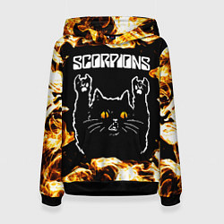 Толстовка-худи женская Scorpions рок кот и огонь, цвет: 3D-черный