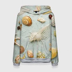 Толстовка-худи женская Океанские ракушки и морские звёзды на песке, цвет: 3D-меланж