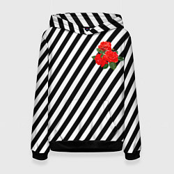 Толстовка-худи женская Черно-белые полоски с букетом роз, цвет: 3D-черный
