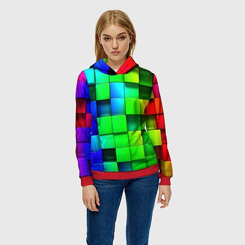 Женская толстовка Цветные неоновые кубы / 3D-Красный – фото 3
