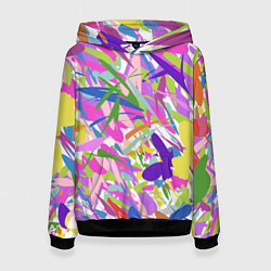 Толстовка-худи женская Сочные краски лета и бабочки, цвет: 3D-черный