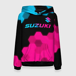 Толстовка-худи женская Suzuki - neon gradient: символ сверху, цвет: 3D-черный