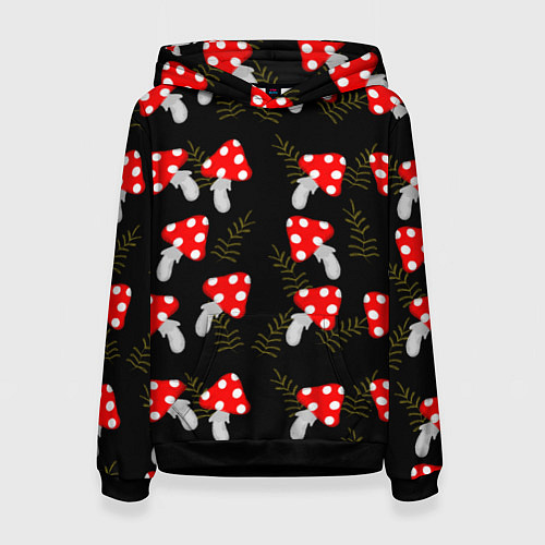 Женская толстовка Мухоморы на черном фоне / 3D-Черный – фото 1