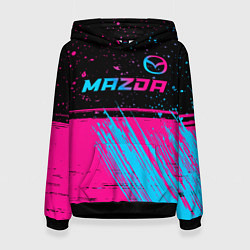 Толстовка-худи женская Mazda - neon gradient: символ сверху, цвет: 3D-черный
