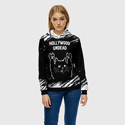 Толстовка-худи женская Группа Hollywood Undead и рок кот, цвет: 3D-черный — фото 2