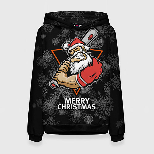 Женская толстовка Merry Christmas! Cool Santa with a baseball bat / 3D-Черный – фото 1