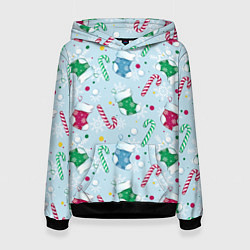 Толстовка-худи женская Новогодний паттерн, цвет: 3D-черный